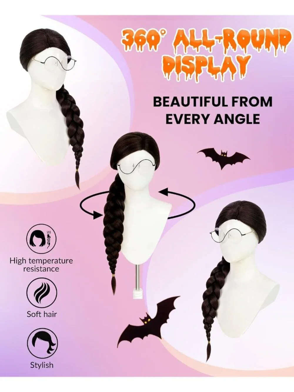 Women's Black Braid Cosplay Convenient Set Include Adjustable Wig Cap Headpiece
